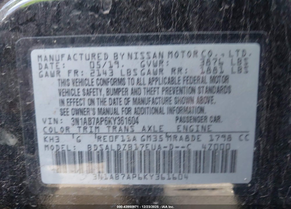2019 NISSAN SENTRA SV VIN: 3N1AB7AP6KY361604