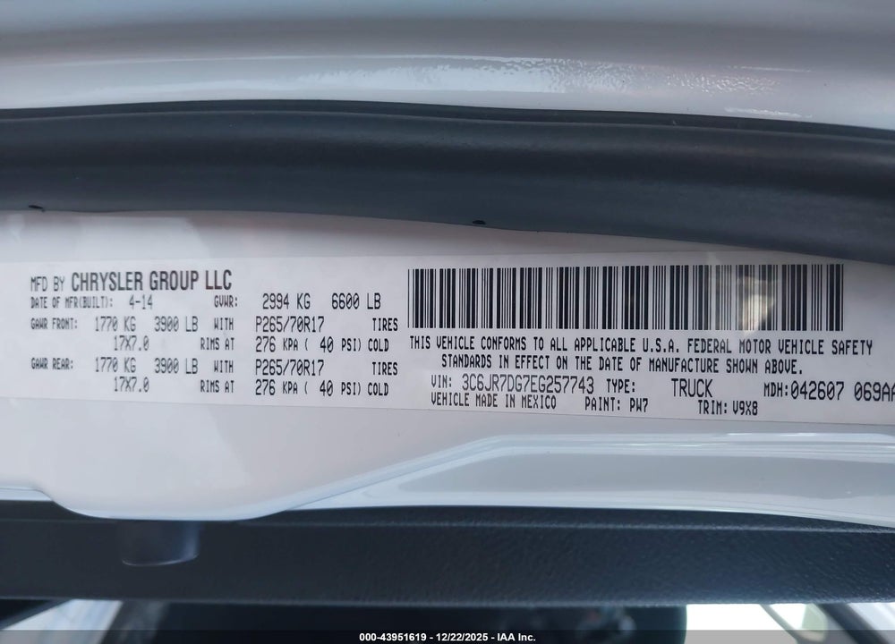 2014 RAM 1500 TRADESMAN VIN: 3C6JR7DG7EG257743