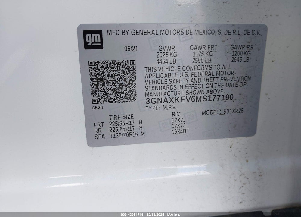 2021 CHEVROLET EQUINOX FWD LT VIN: 3GNAXKEV6MS177190