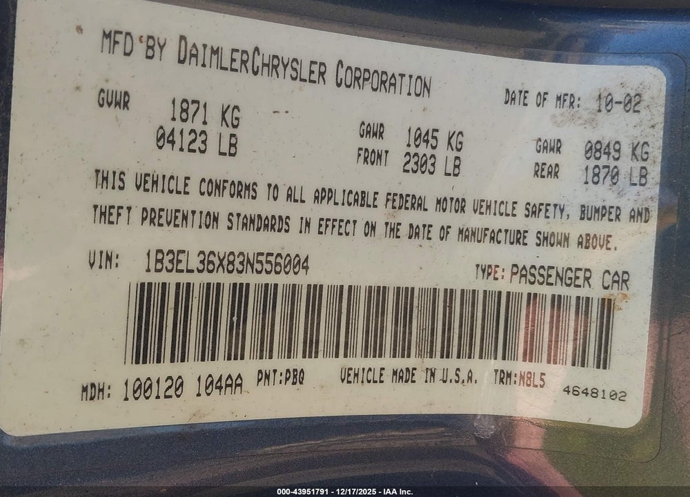 2003 DODGE STRATUS SE VIN: 1B3EL36X83N556004