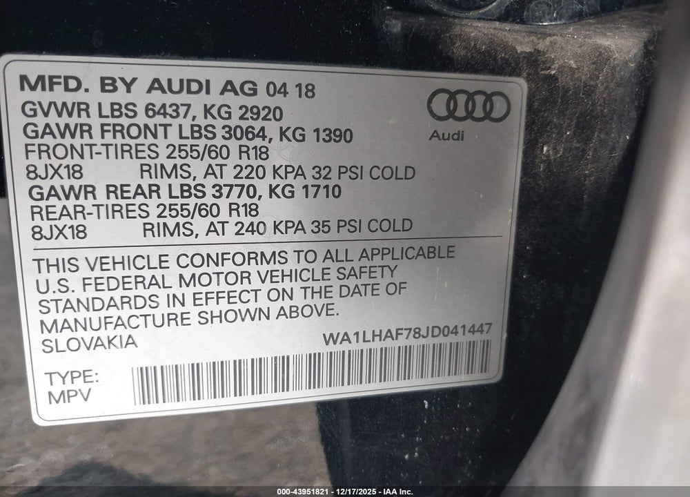 2018 AUDI Q7 2.0T PREMIUM VIN: WA1LHAF78JD041447