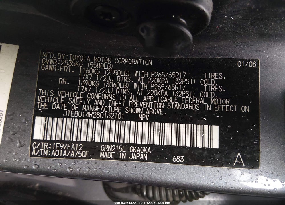 2008 TOYOTA 4RUNNER SR5 V6 VIN: JTEBU14R280132101