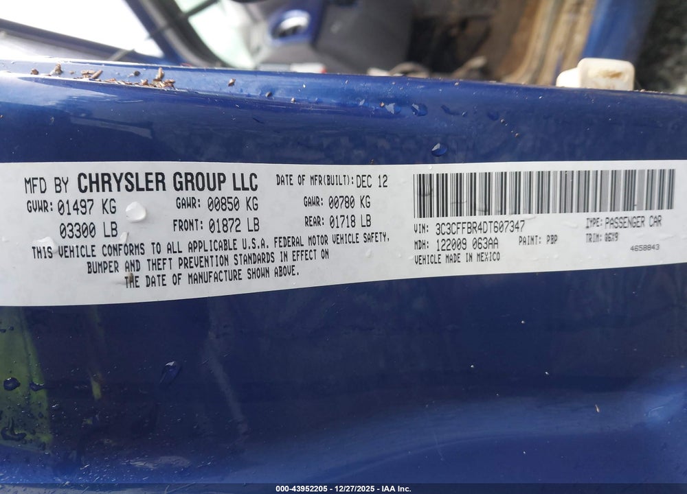 2013 FIAT 500 SPORT VIN: 3C3CFFBR4DT607347