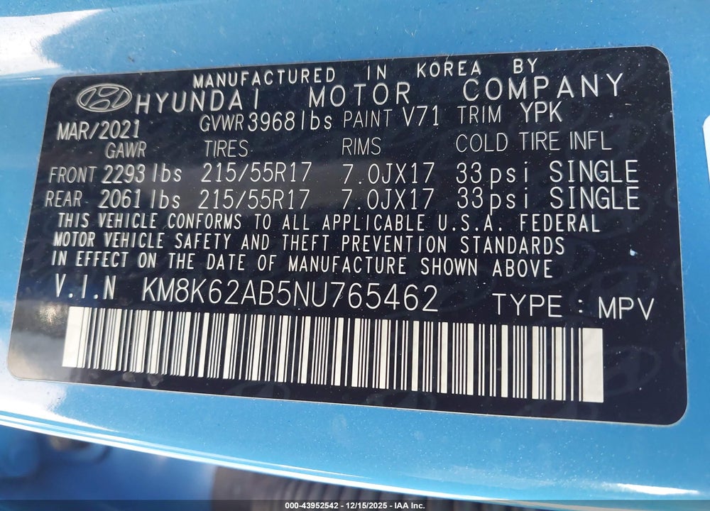2022 HYUNDAI KONA SEL VIN: KM8K62AB5NU765462