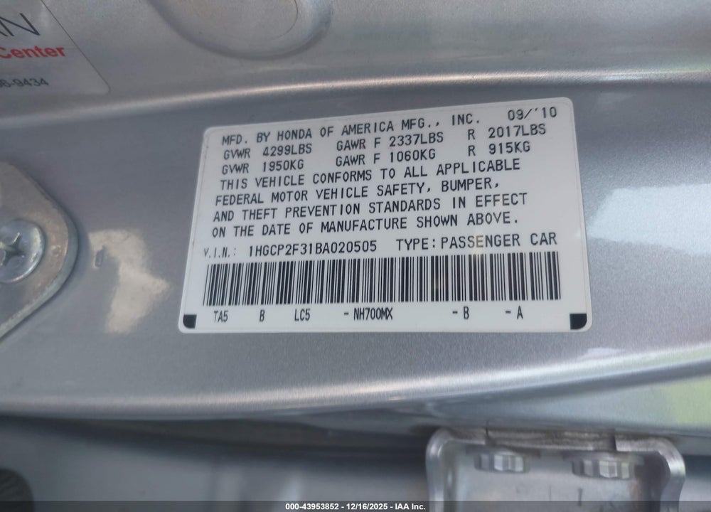 2011 HONDA ACCORD 2.4 LX VIN: 1HGCP2F31BA020505