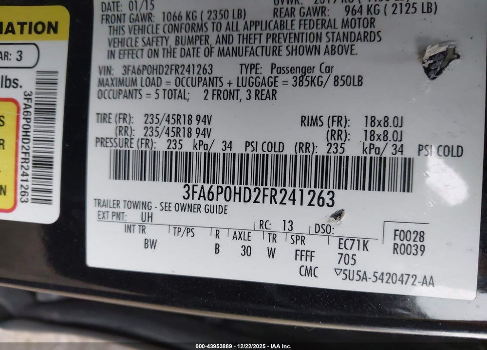 2015 FORD FUSION SE VIN: 3FA6P0HD2FR241263