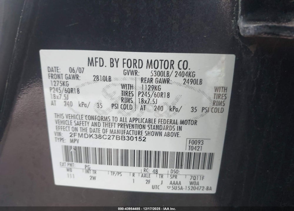 2007 FORD EDGE SEL VIN: 2FMDK38C27BB30152