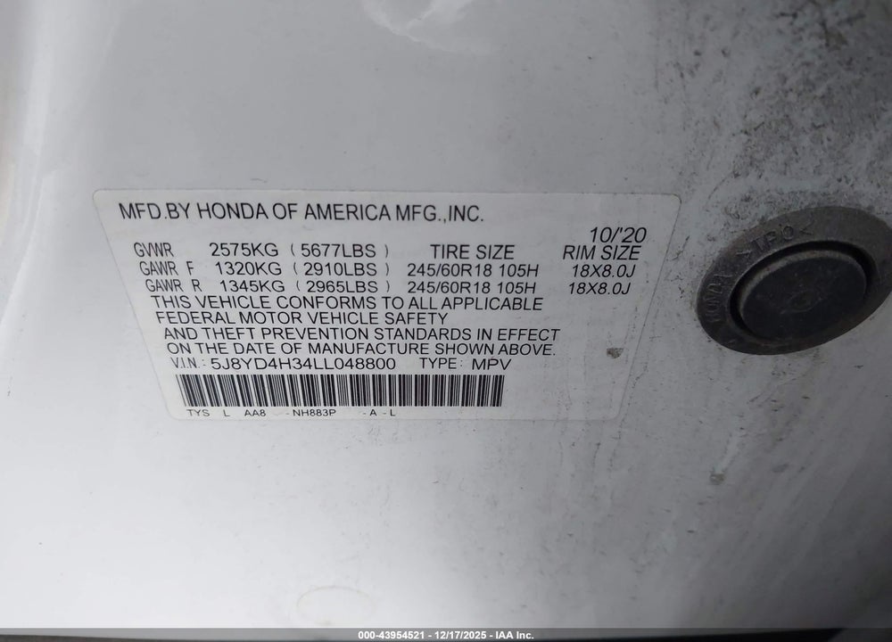 2020 ACURA MDX STANDARD VIN: 5J8YD4H34LL048800