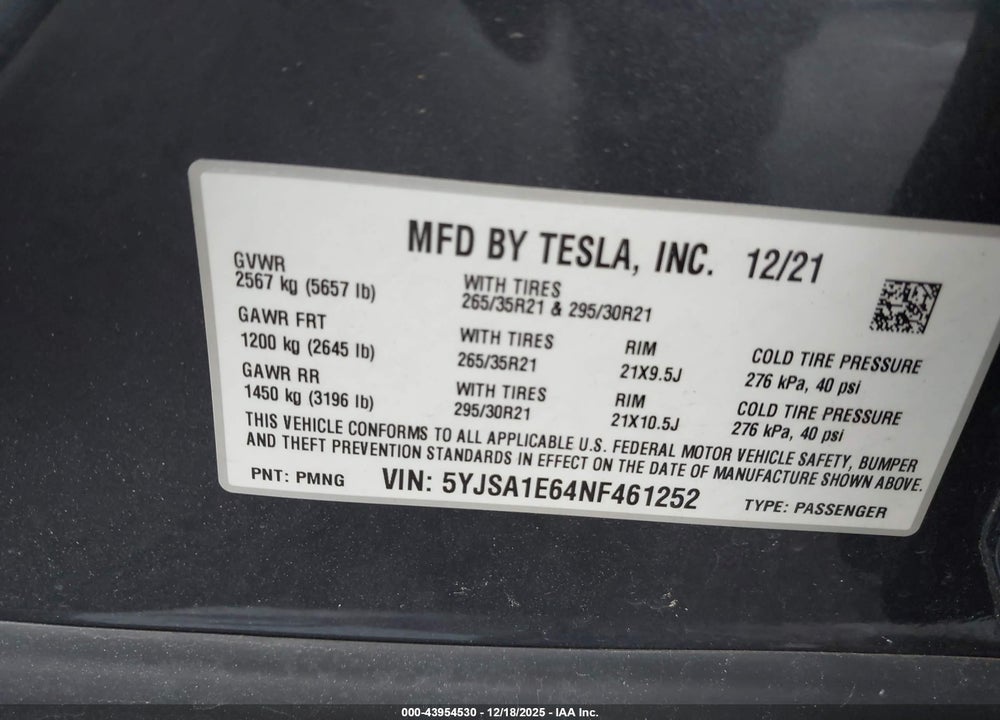 2022 TESLA MODEL S PLAID TRI MOTOR ALL-WHEEL DRIVE VIN: 5YJSA1E64NF461252