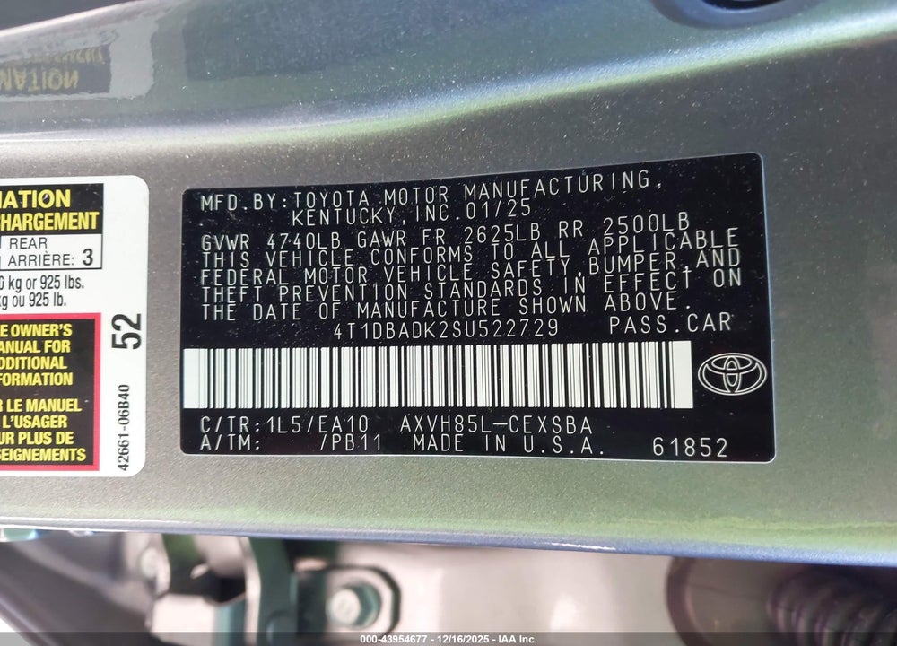 2025 TOYOTA CAMRY SE VIN: 4T1DBADK2SU522729