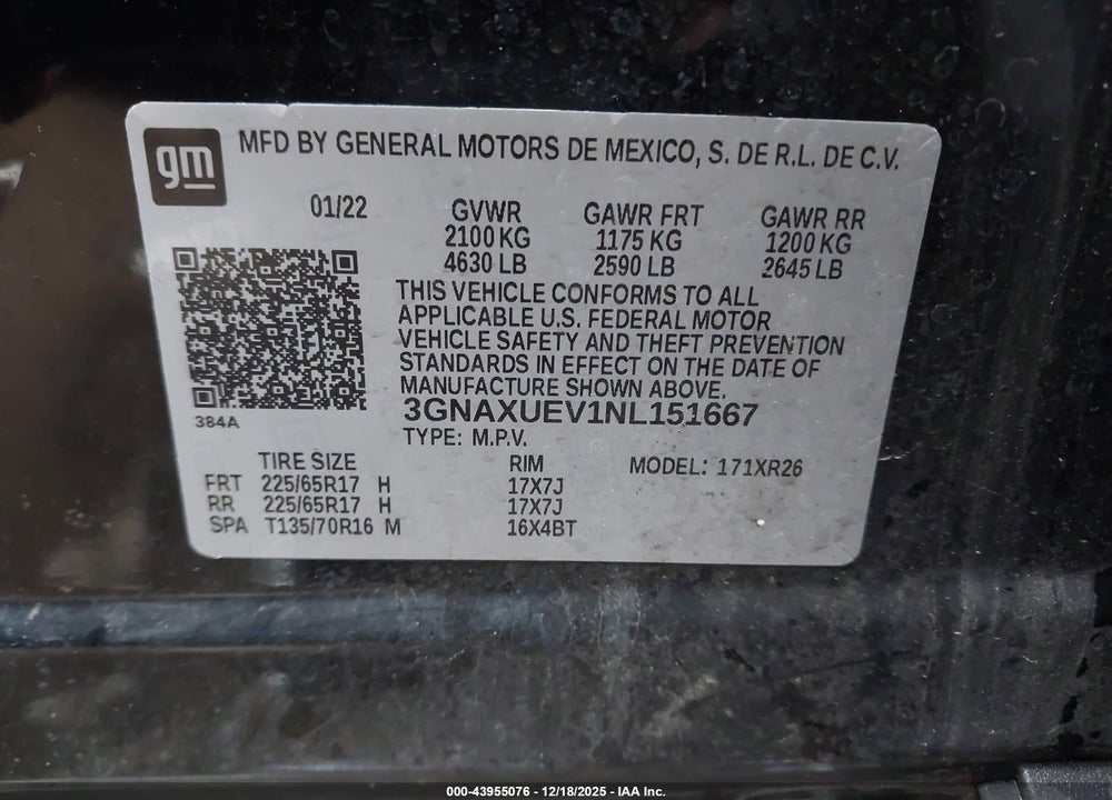2022 CHEVROLET EQUINOX AWD LT VIN: 3GNAXUEV1NL151667