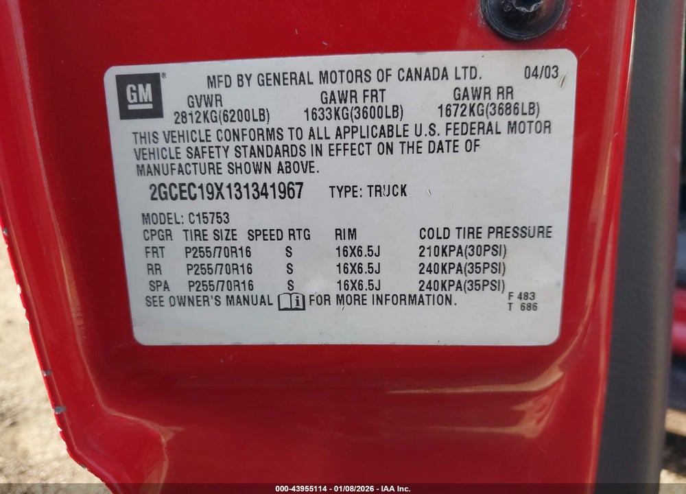 2003 CHEVROLET SILVERADO 1500 WORK TRUCK VIN: 2GCEC19X131341967
