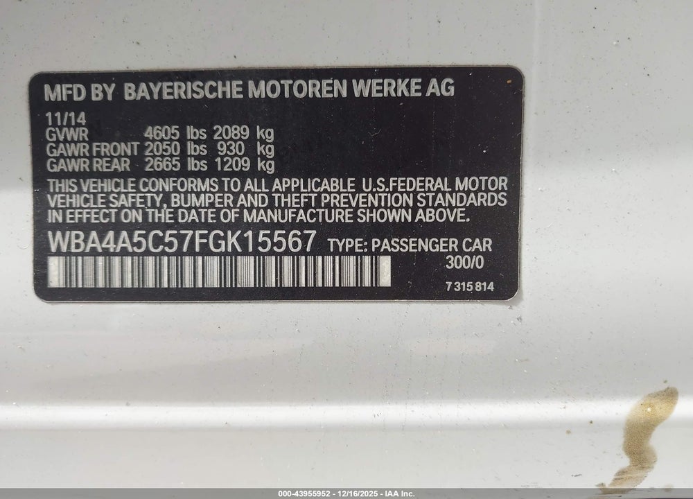 2015 BMW 428 GRAN COUPE VIN: WBA4A5C57FGK15567