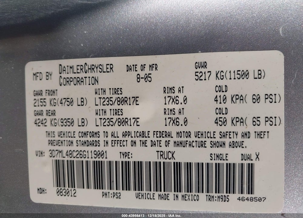2006 DODGE RAM 3500 SLT/SPORT VIN: 3D7ML48C26G119001