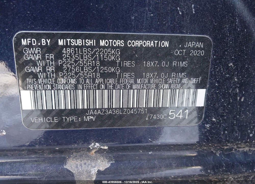 2020 MITSUBISHI OUTLANDER SE 2.4 S-AWC VIN: JA4AZ3A36LZ045751