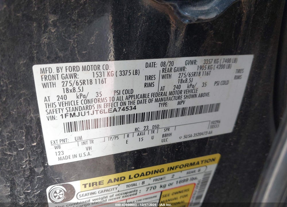 2020 FORD EXPEDITION XLT VIN: 1FMJU1JT6LEA74534