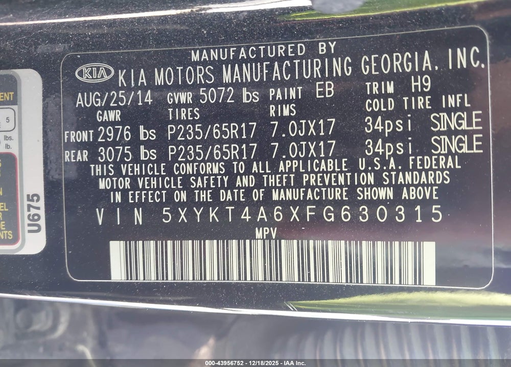 2015 KIA SORENTO LX VIN: 5XYKT4A6XFG630315