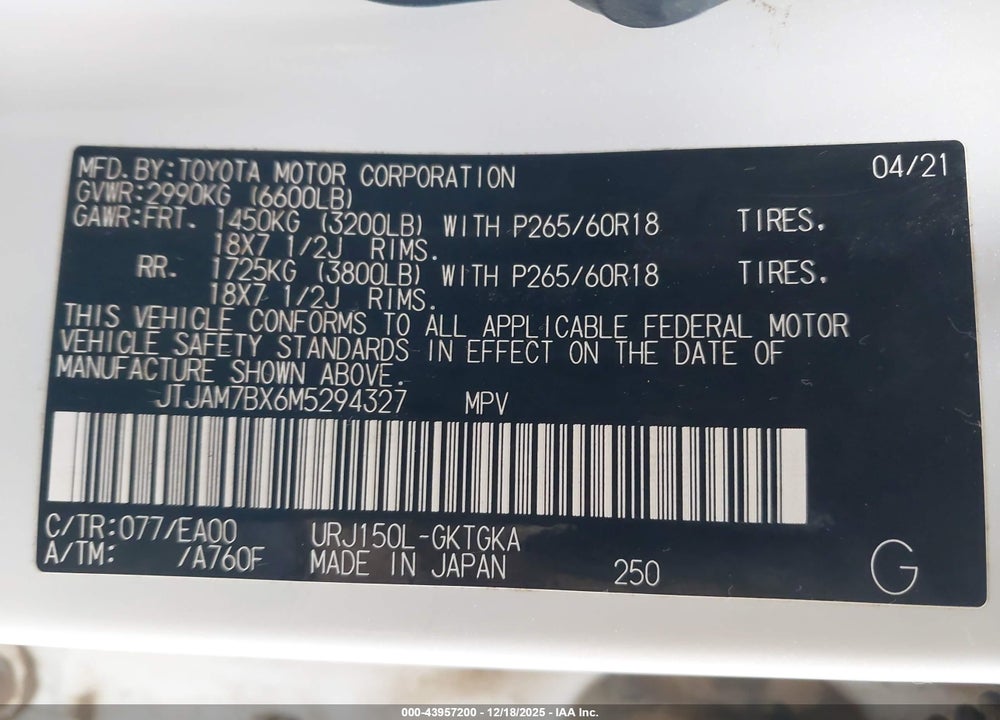 2021 LEXUS GX 460 PREMIUM VIN: JTJAM7BX6M5294327