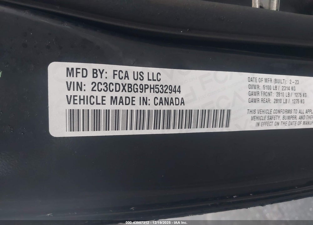 2023 DODGE CHARGER SXT VIN: 2C3CDXBG9PH532944