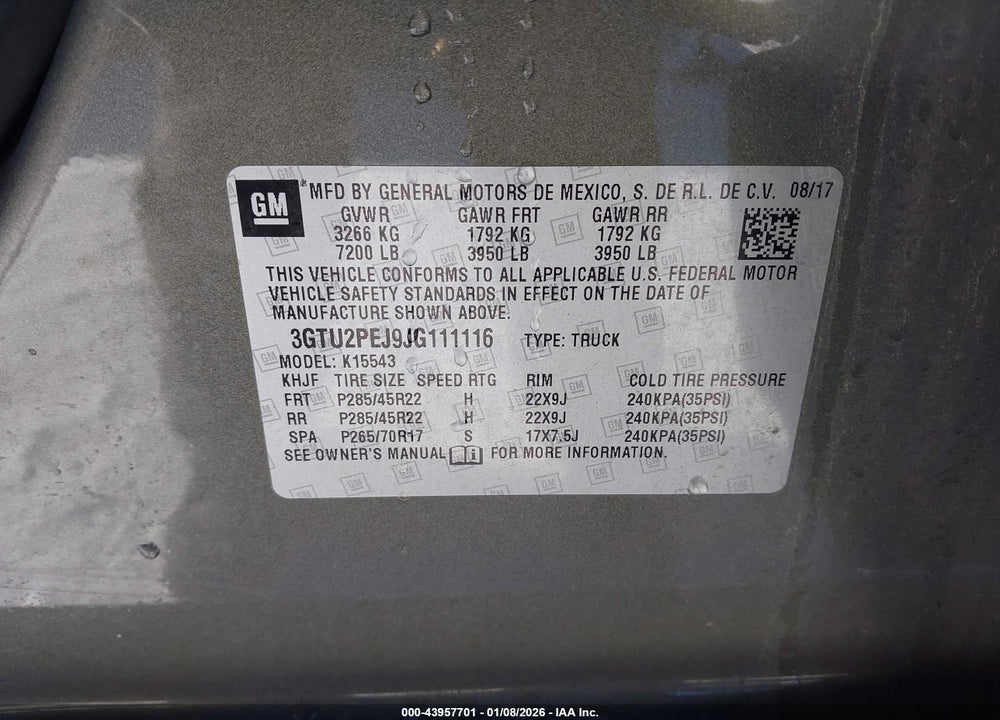 2018 GMC SIERRA 1500 DENALI VIN: 3GTU2PEJ9JG111116