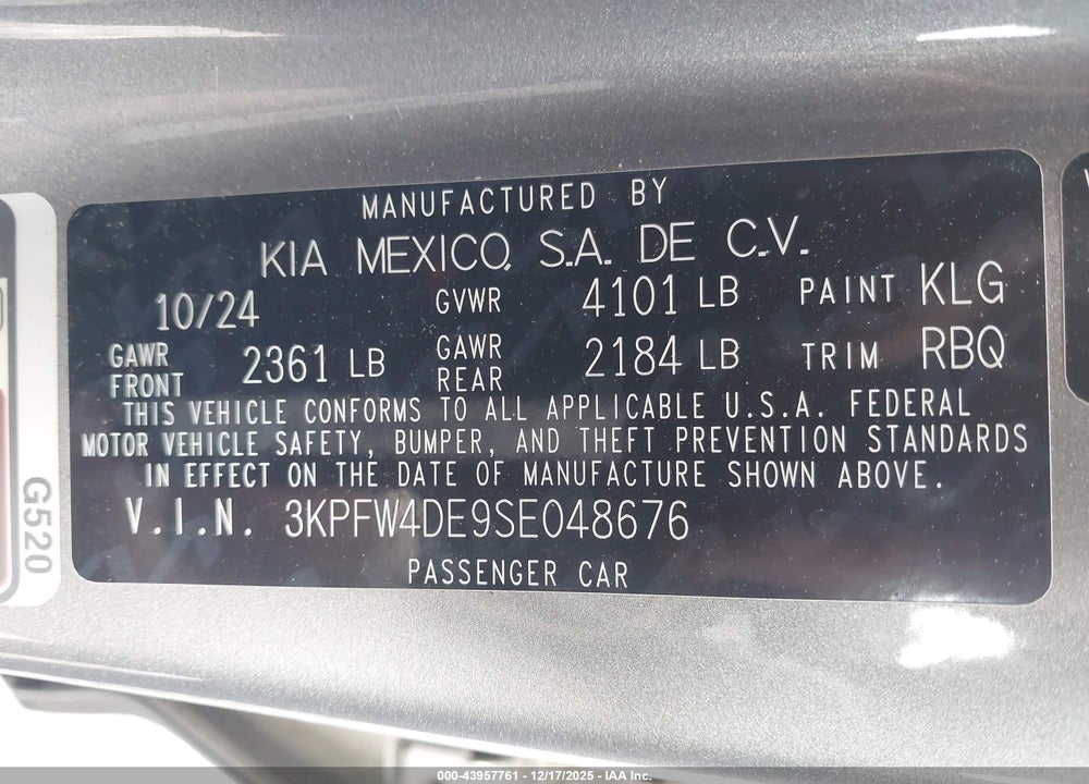 2025 KIA K4 GT-LINE VIN: 3KPFW4DE9SE048676