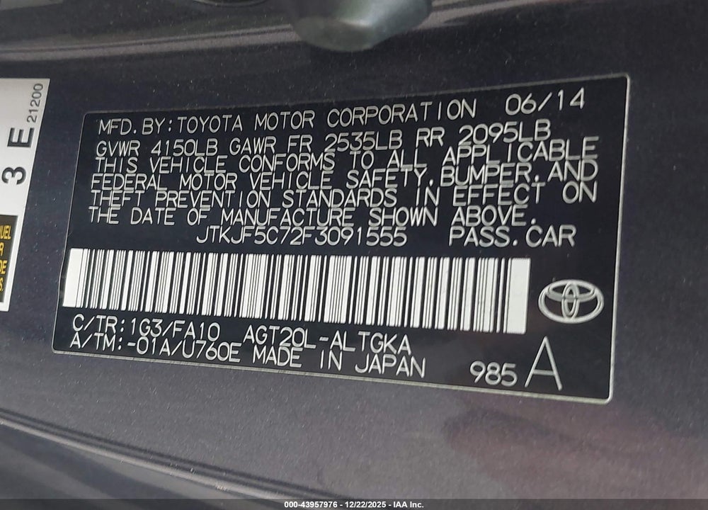 2015 SCION TC VIN: JTKJF5C72F3091555