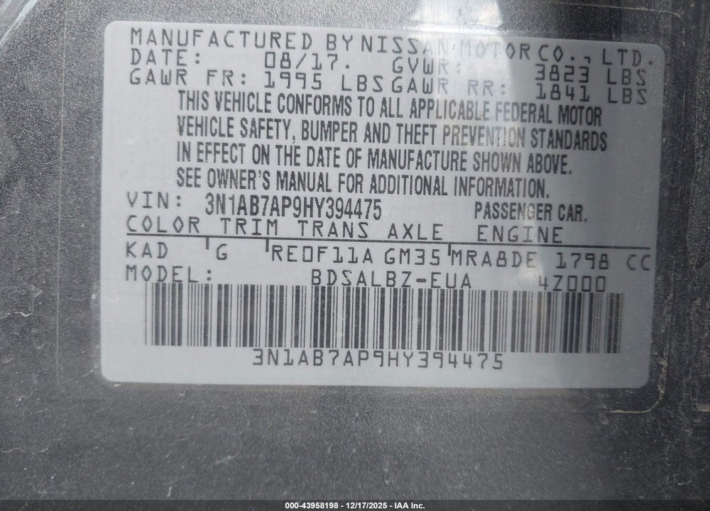 2017 NISSAN SENTRA S VIN: 3N1AB7AP9HY394475