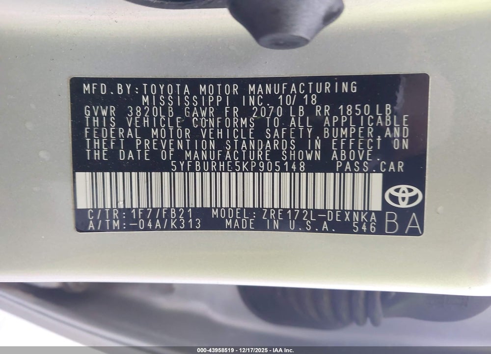 2019 TOYOTA COROLLA LE VIN: 5YFBURHE5KP905148