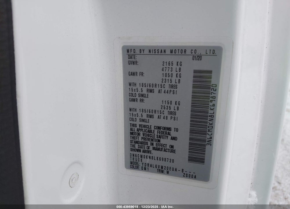 2020 NISSAN NV200  CARGO SV XTRONIC CVT VIN: 3N6CM0KN8LK698720