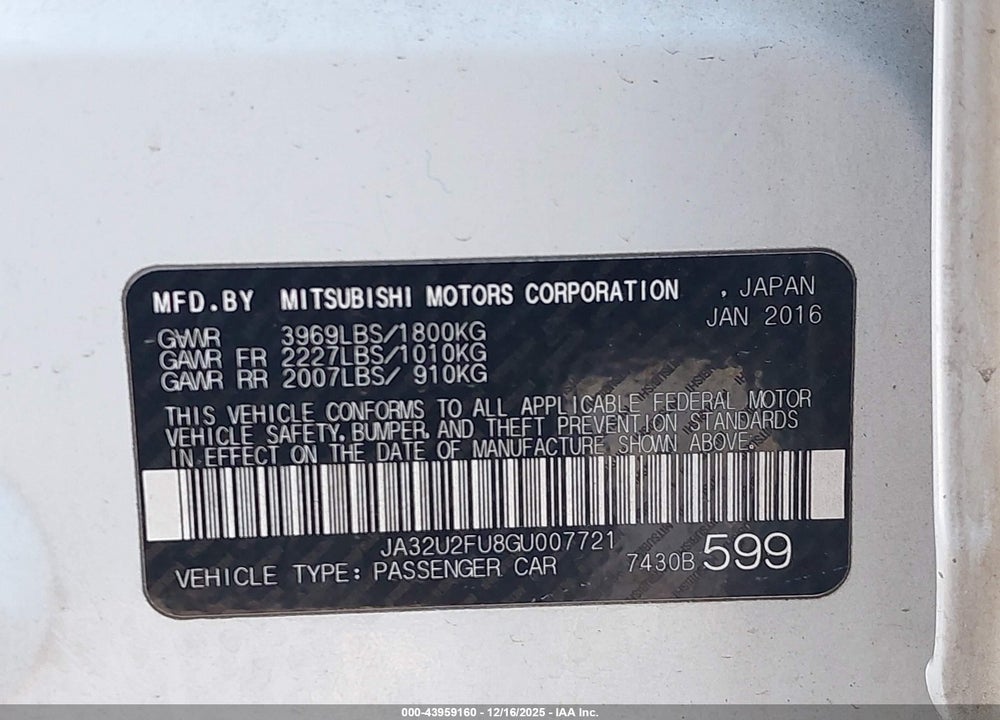 2016 MITSUBISHI LANCER ES VIN: JA32U2FU8GU007721