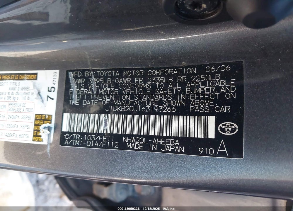 2006 TOYOTA PRIUS VIN: JTDKB20U163193266