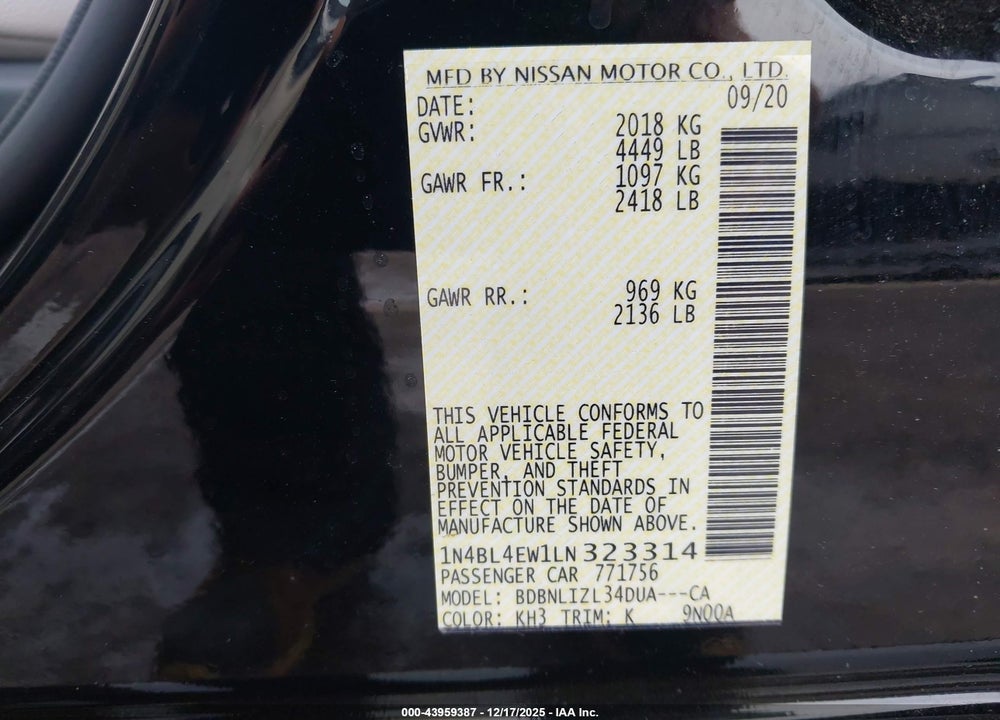 2020 NISSAN ALTIMA SL INTELLIGENT AWD VIN: 1N4BL4EW1LN323314