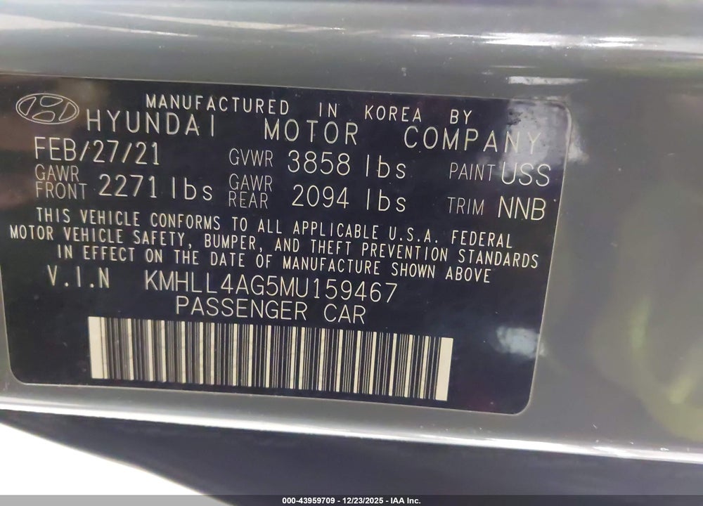 2021 HYUNDAI ELANTRA SE VIN: KMHLL4AG5MU159467