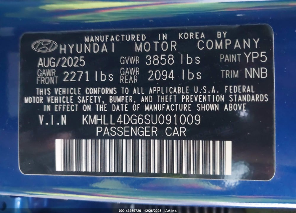 2025 HYUNDAI ELANTRA SE VIN: KMHLL4DG6SU091009