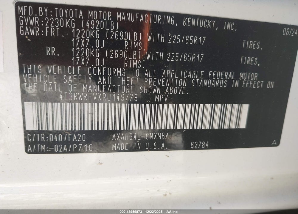2024 TOYOTA RAV4 HYBRID XLE VIN: 4T3RWRFVXRU149778