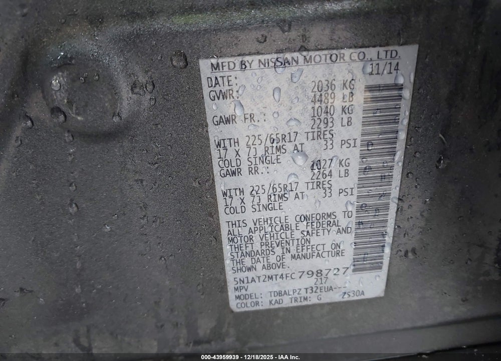 2015 NISSAN ROGUE S VIN: 5N1AT2MT4FC798727