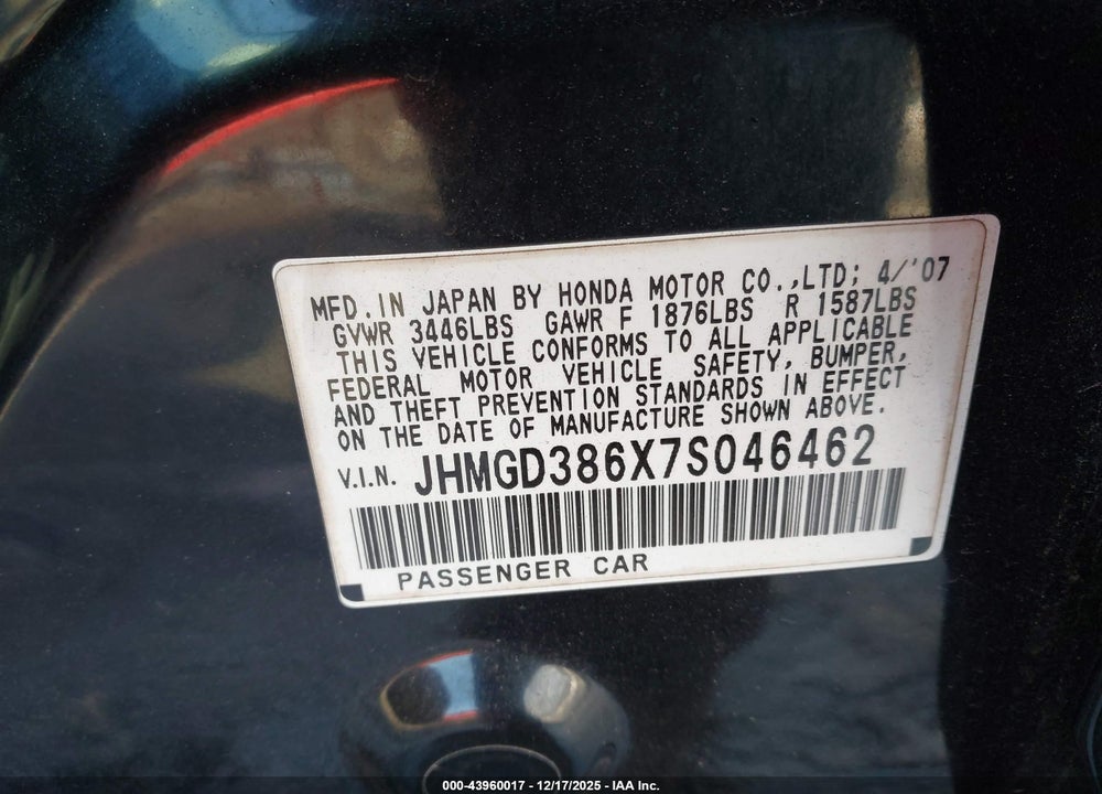 2007 HONDA FIT SPORT VIN: JHMGD386X7S046462