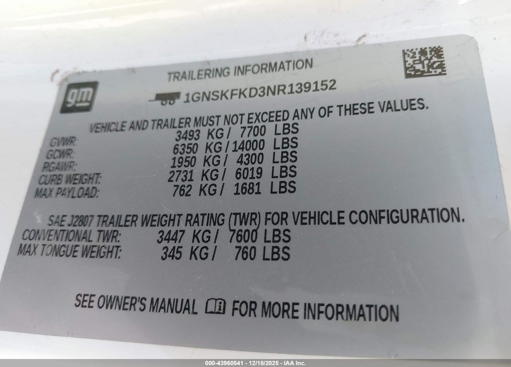 2022 CHEVROLET SUBURBAN 4WD PREMIER VIN: 1GNSKFKD3NR139152