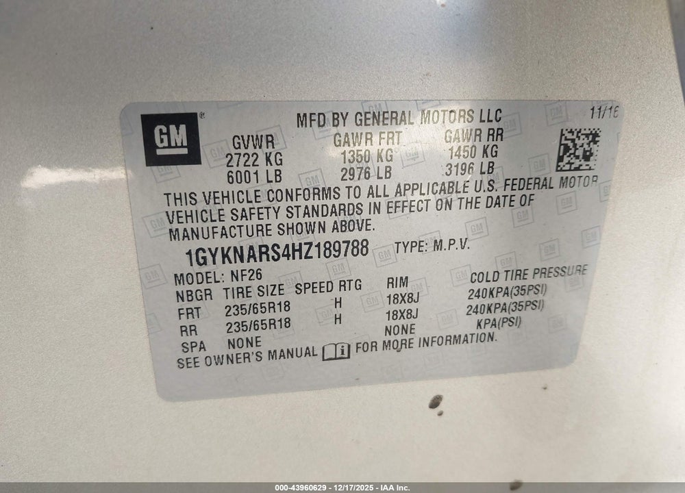 2017 CADILLAC XT5 STANDARD VIN: 1GYKNARS4HZ189788