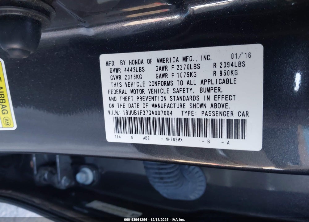 2016 ACURA TLX VIN: 19UUB1F37GA007004