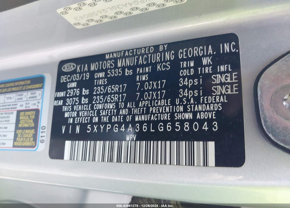 2020 KIA SORENTO 2.4L LX VIN: 5XYPG4A36LG658043