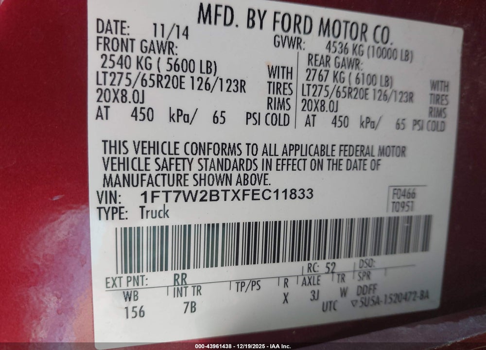 2015 FORD F-250 LARIAT VIN: 1FT7W2BTXFEC11833