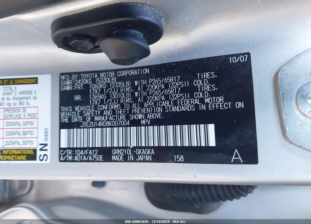 2008 TOYOTA 4RUNNER SR5 V6 VIN: JTEZU14R08K007004