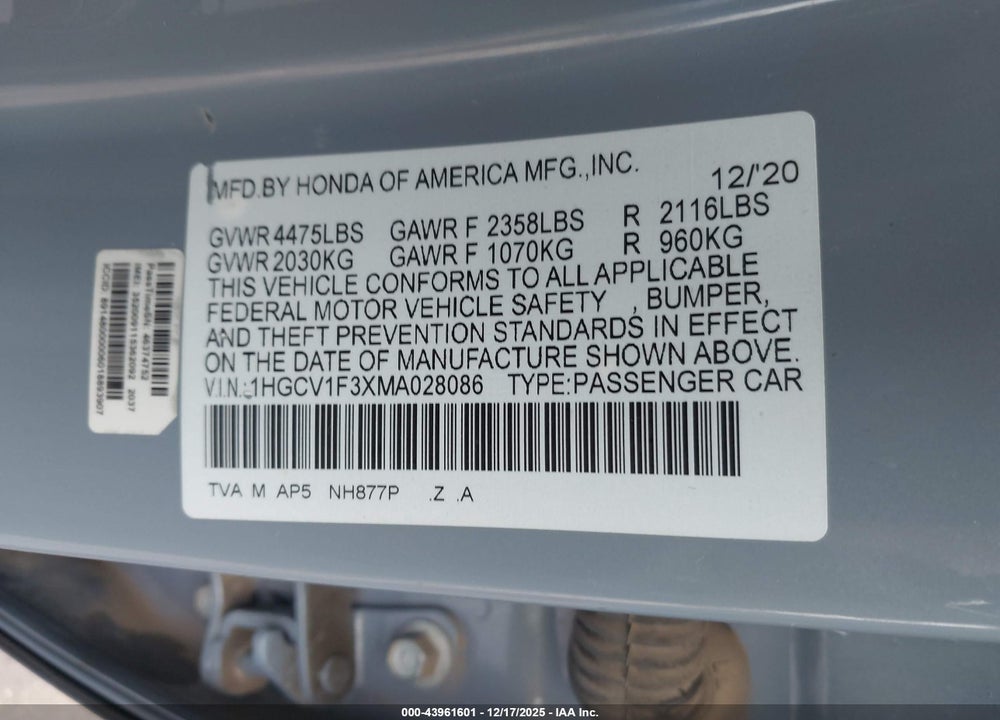 2021 HONDA ACCORD SPORT VIN: 1HGCV1F3XMA028086
