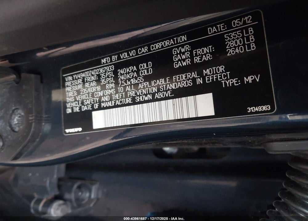 2013 VOLVO XC60 3.2 PREMIER VIN: YV4940DZ4D2367933