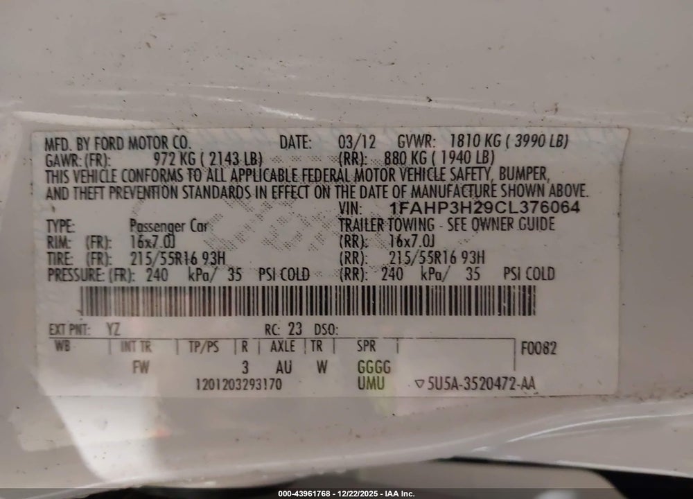 2012 FORD FOCUS SEL VIN: 1FAHP3H29CL376064