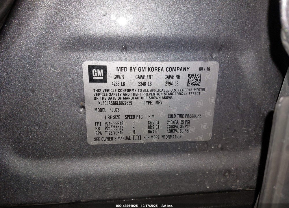 2020 BUICK ENCORE FWD PREFERRED VIN: KL4CJASB6LB027639