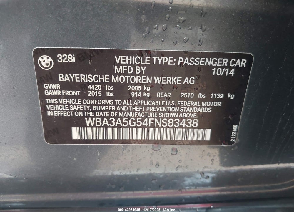 2015 BMW 328I VIN: WBA3A5G54FNS83438