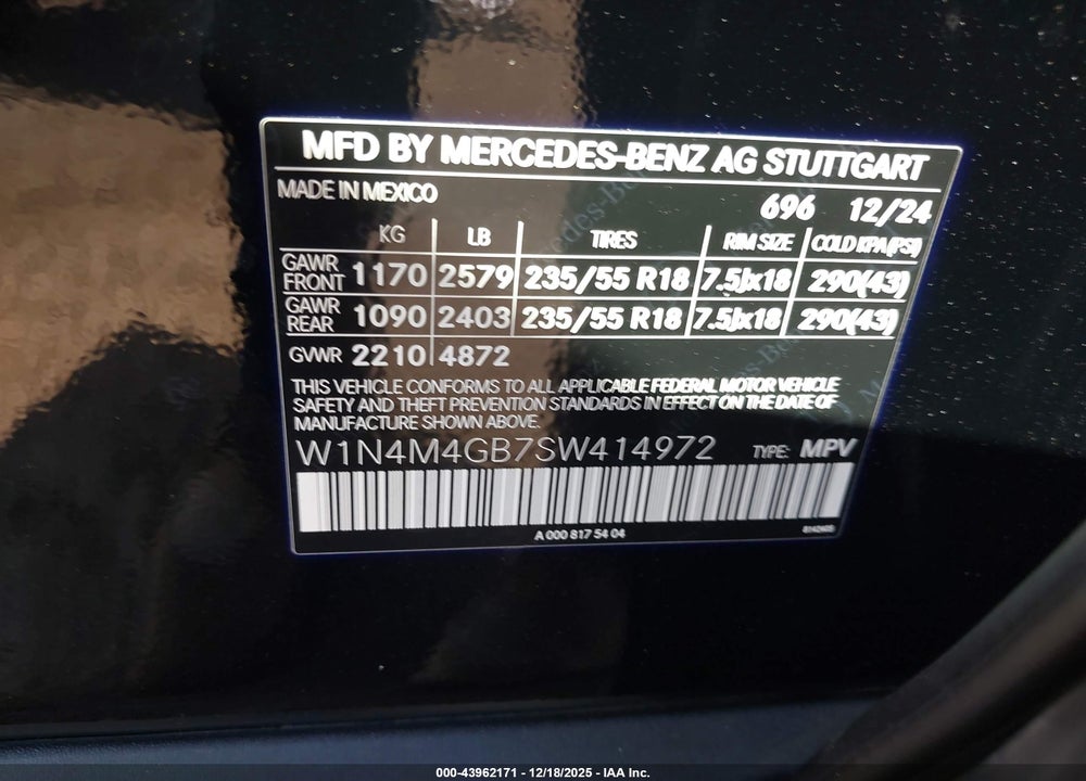 2025 MERCEDES-BENZ GLB 250 VIN: W1N4M4GB7SW414972