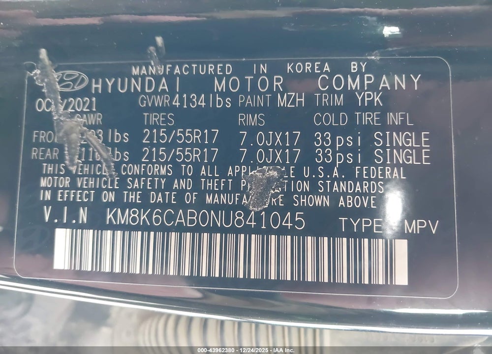 2022 HYUNDAI KONA SEL VIN: KM8K6CAB0NU841045